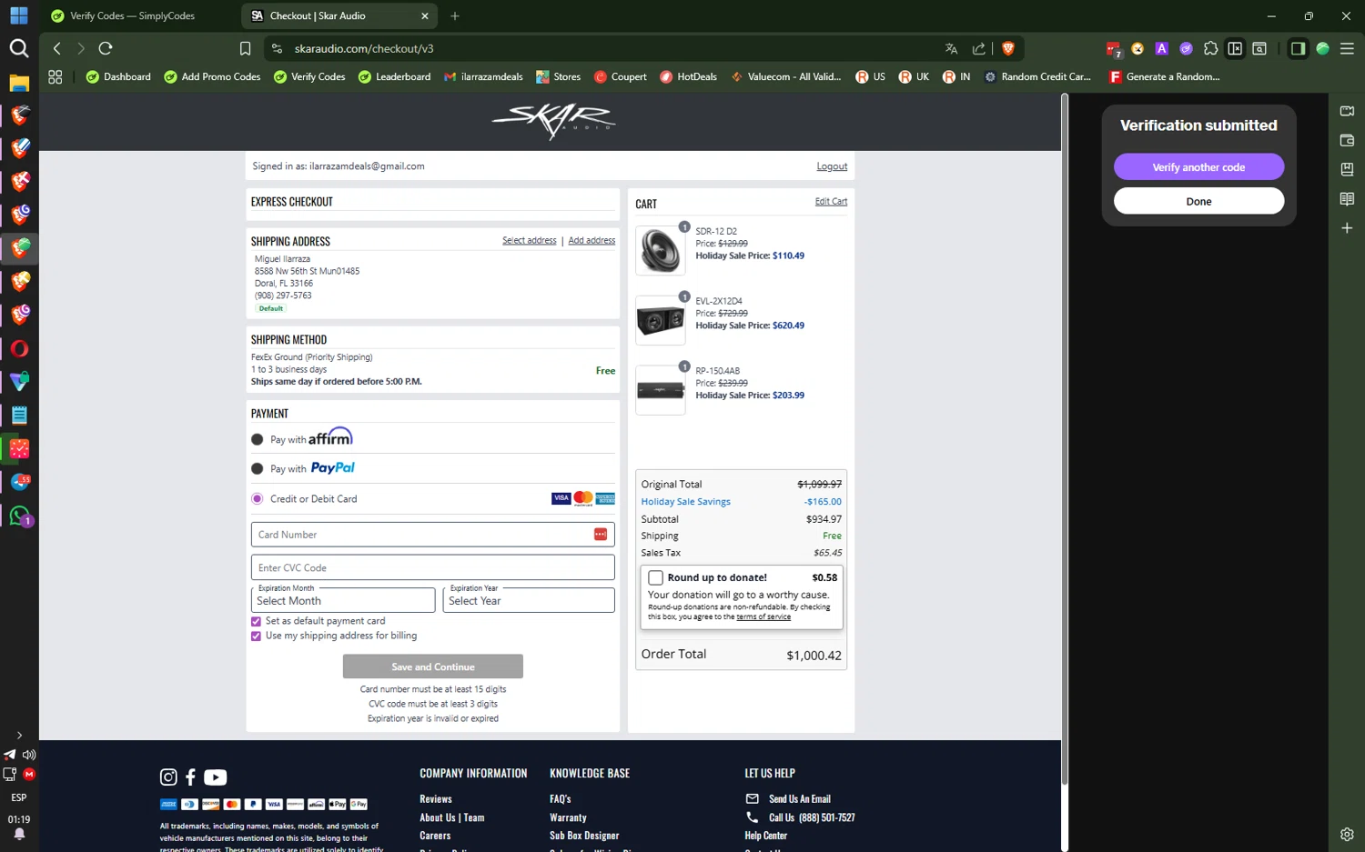 Skar Audio discount code screenshot showing code CODE10 applied at Skar Audio checkout page. Uploaded by SimplyCodes community member SilentNova8472 on Dec 11, 2025