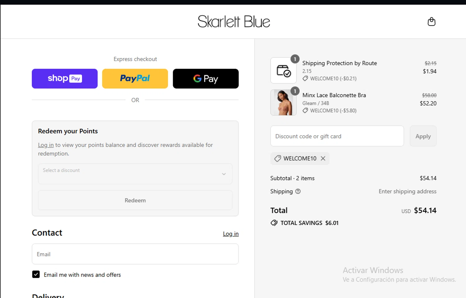 Skarlett Blue promo code screenshot showing code WELCOME10 applied at Skarlett Blue checkout page. Uploaded by SimplyCodes community member Lestara_23 on Aug 3, 2025
