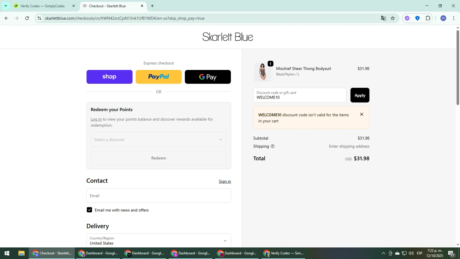Skarlett Blue promo code screenshot showing code WELCOME10 applied at Skarlett Blue checkout page. Uploaded by SimplyCodes community member QuestDefender2661 on Oct 12, 2025