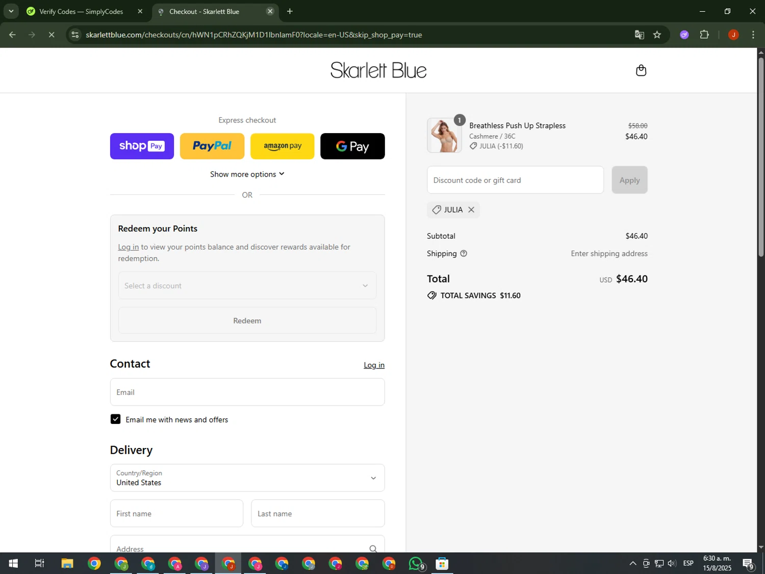 Skarlett Blue promo code screenshot showing code JULIA applied at Skarlett Blue checkout page. Uploaded by SimplyCodes community member KimDokja on Aug 15, 2025