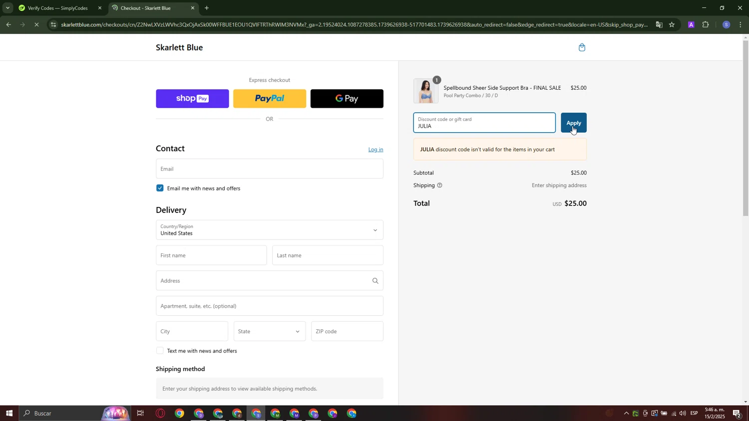 Skarlett Blue promo code screenshot showing code JULIA applied at Skarlett Blue checkout page. Uploaded by SimplyCodes community member TreasurePro6195 on Feb 15, 2025