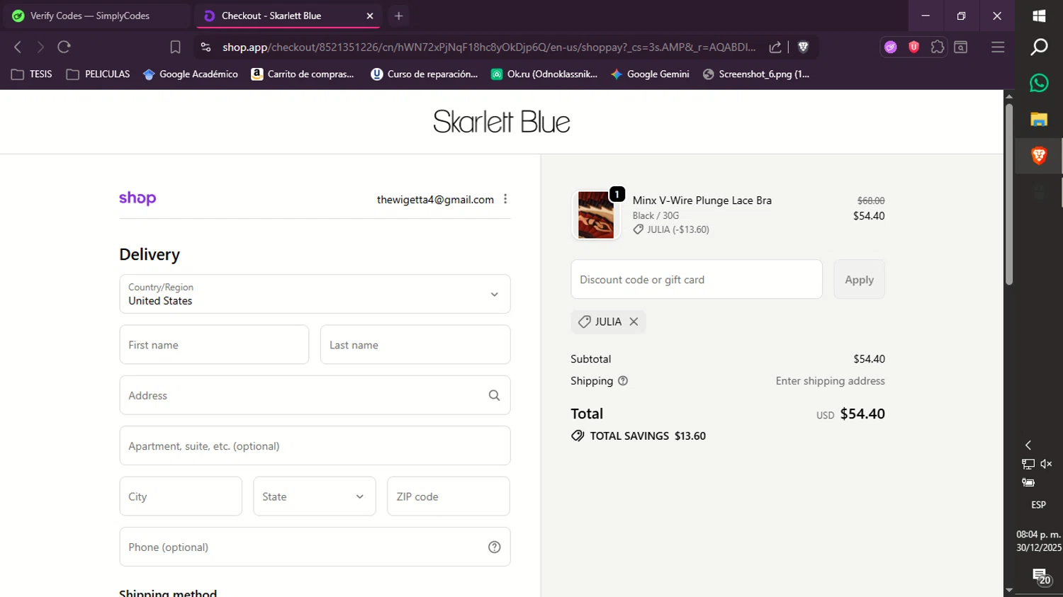 Skarlett Blue promo code screenshot showing code JULIA applied at Skarlett Blue checkout page. Uploaded by SimplyCodes community member xXdevoragoticas69Xx on Dec 31, 2025