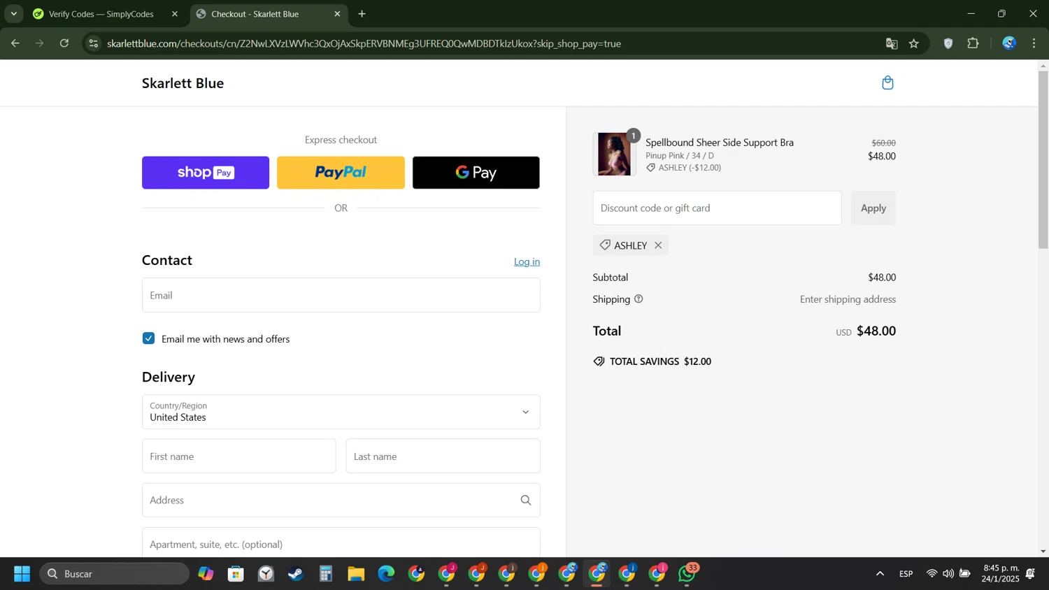 Skarlett Blue promo code screenshot showing code ASHLEY applied at Skarlett Blue checkout page. Uploaded by SimplyCodes community member FernandoLetex on Jan 25, 2025