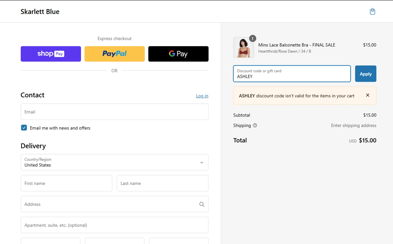 Skarlett Blue promo code screenshot showing code ASHLEY applied at Skarlett Blue checkout page. Uploaded by SimplyCodes community member CashTracker4266 on Feb 11, 2025