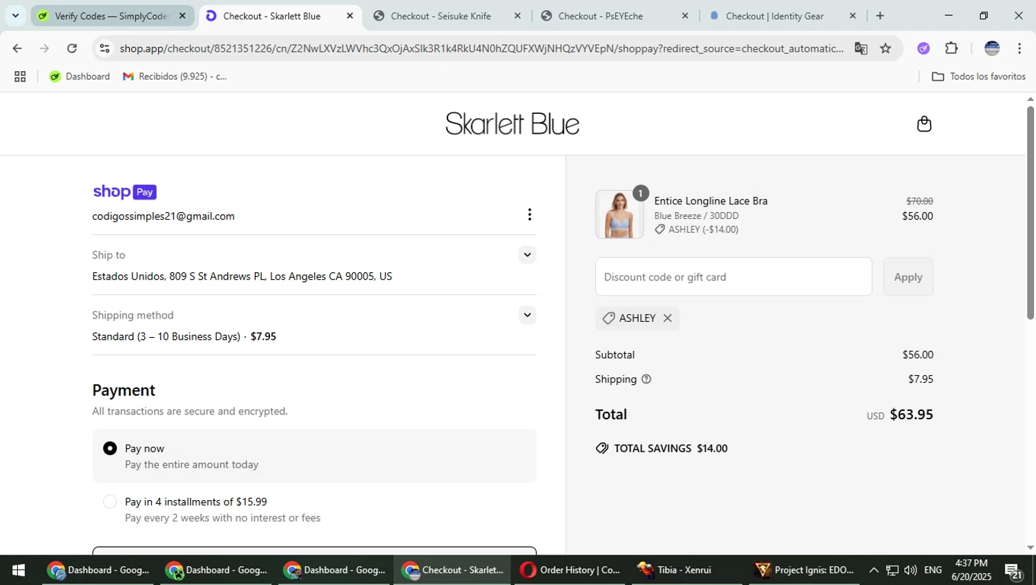 Skarlett Blue promo code screenshot showing code ASHLEY applied at Skarlett Blue checkout page. Uploaded by SimplyCodes community member TrevorPhilips on Jun 20, 2025