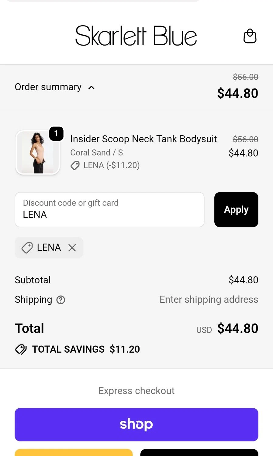 Skarlett Blue promo code screenshot showing code LENA applied at Skarlett Blue checkout page. Uploaded by SimplyCodes community member JuanMonge on Oct 5, 2025