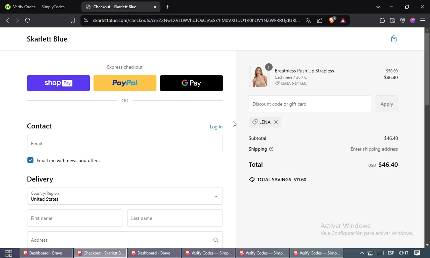 Skarlett Blue promo code screenshot showing code LENA applied at Skarlett Blue checkout page. Uploaded by SimplyCodes community member Puta_madre10 on Feb 20, 2025