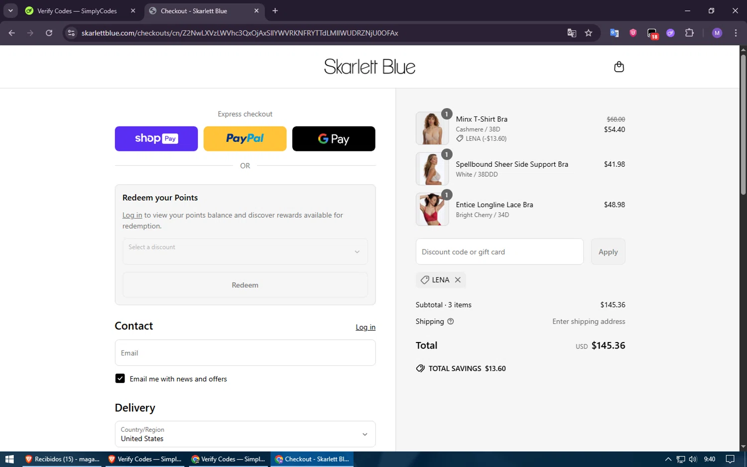 Skarlett Blue promo code screenshot showing code LENA applied at Skarlett Blue checkout page. Uploaded by SimplyCodes community member ShieldElite2370 on Jun 29, 2025