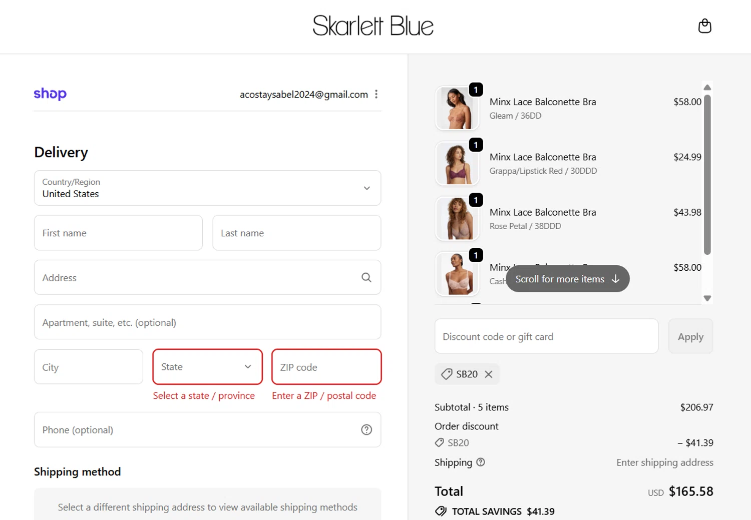 Skarlett Blue promo code screenshot showing code SB20 applied at Skarlett Blue checkout page. Uploaded by SimplyCodes community member Gray_75 on Dec 2, 2025