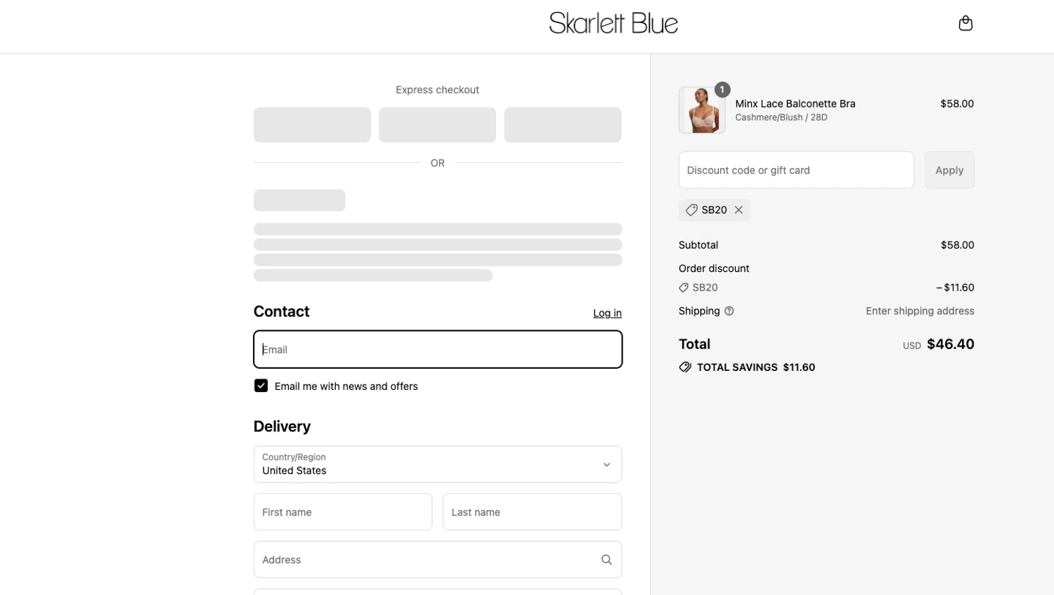Skarlett Blue promo code screenshot showing code SB20 applied at Skarlett Blue checkout page. Uploaded by SimplyCodes community member ELOIN777 on Aug 14, 2025