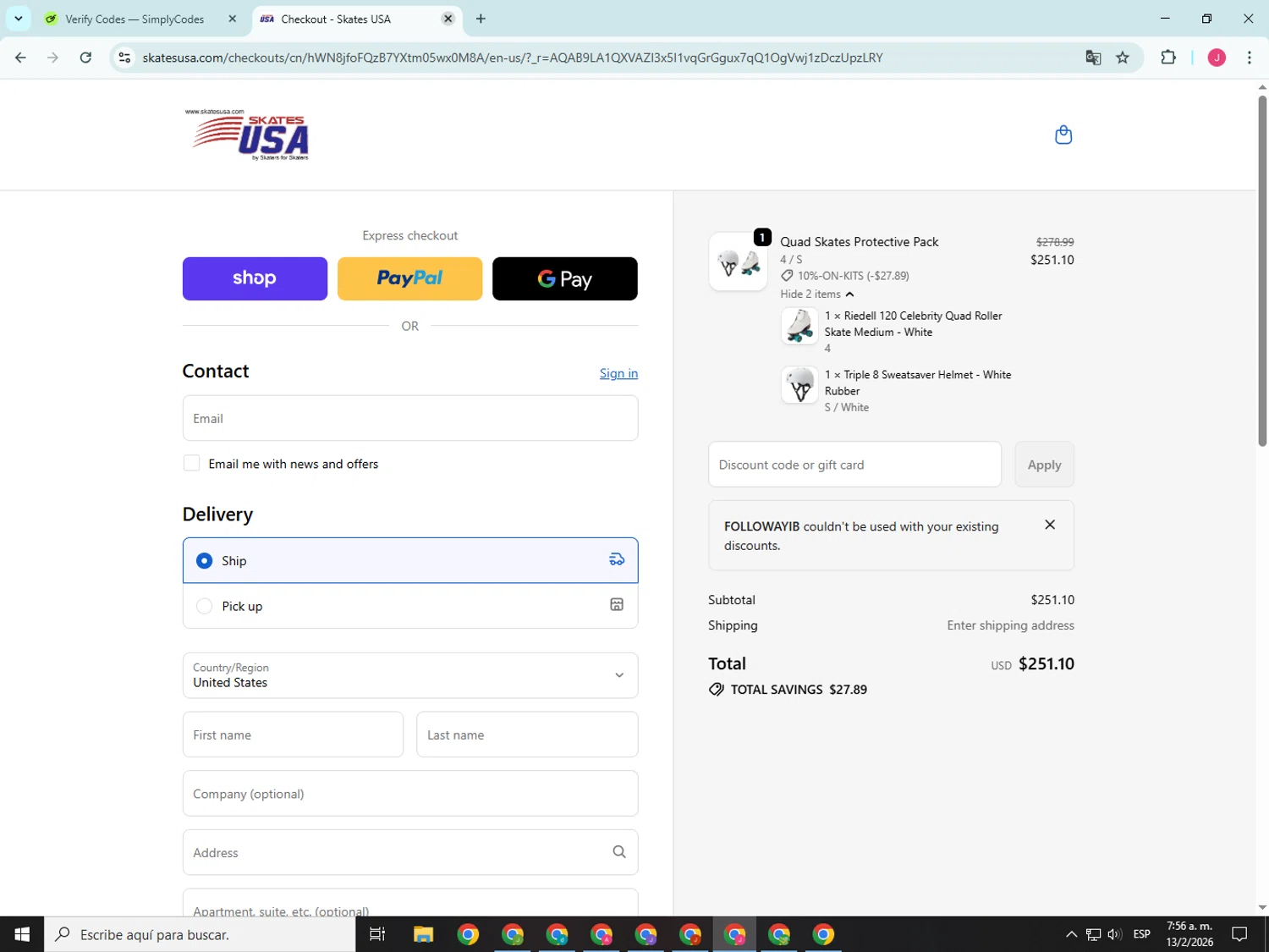 SkatesUSA checkout page showing SkatesUSA discount code box | Screenshot taken by SimplyCodes community member on Feb 13, 2026