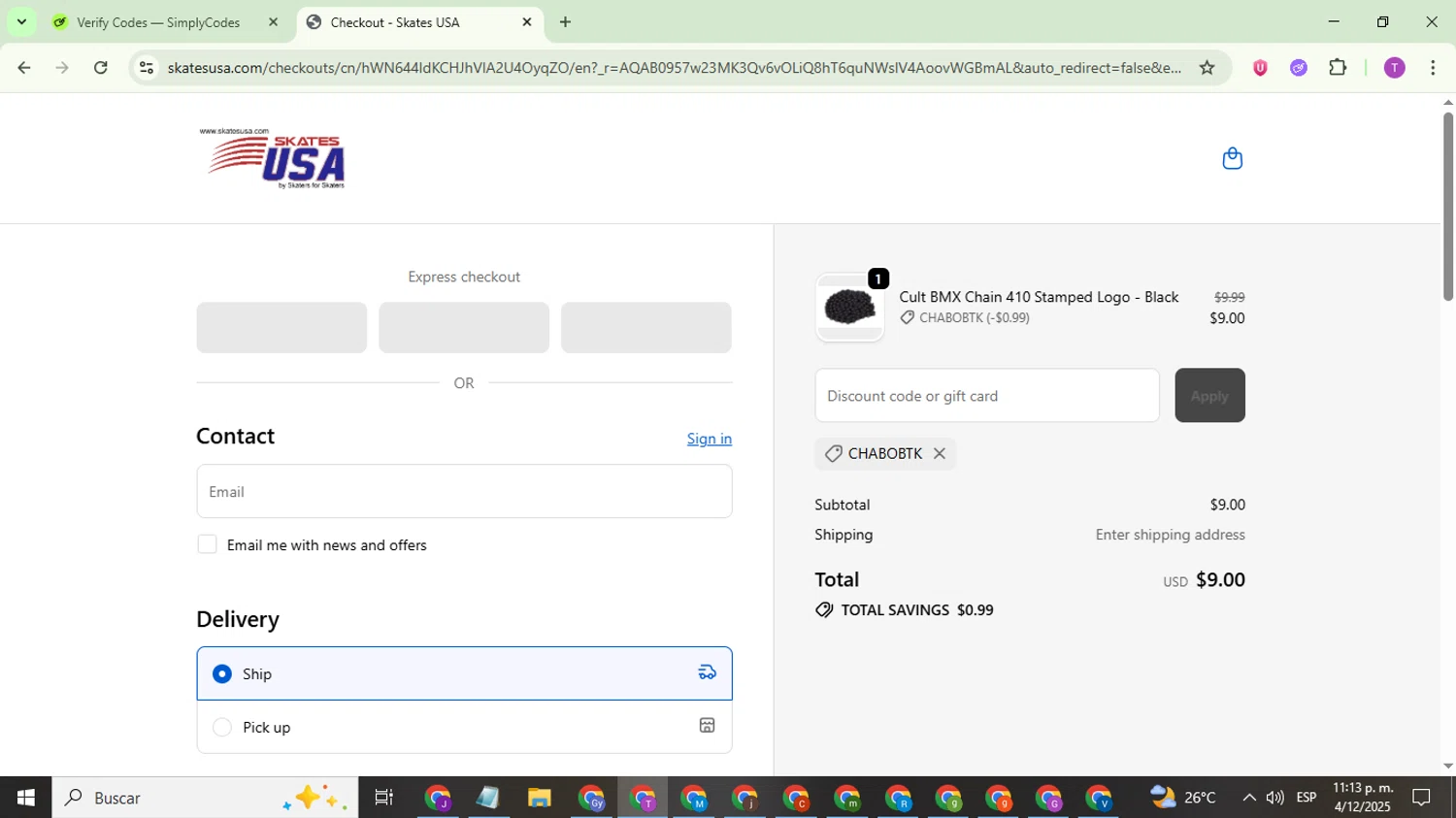 SkatesUSA discount code screenshot showing code CHABOBTK applied at SkatesUSA checkout page. Uploaded by SimplyCodes community member ThriftyCurator4085 on Dec 5, 2025