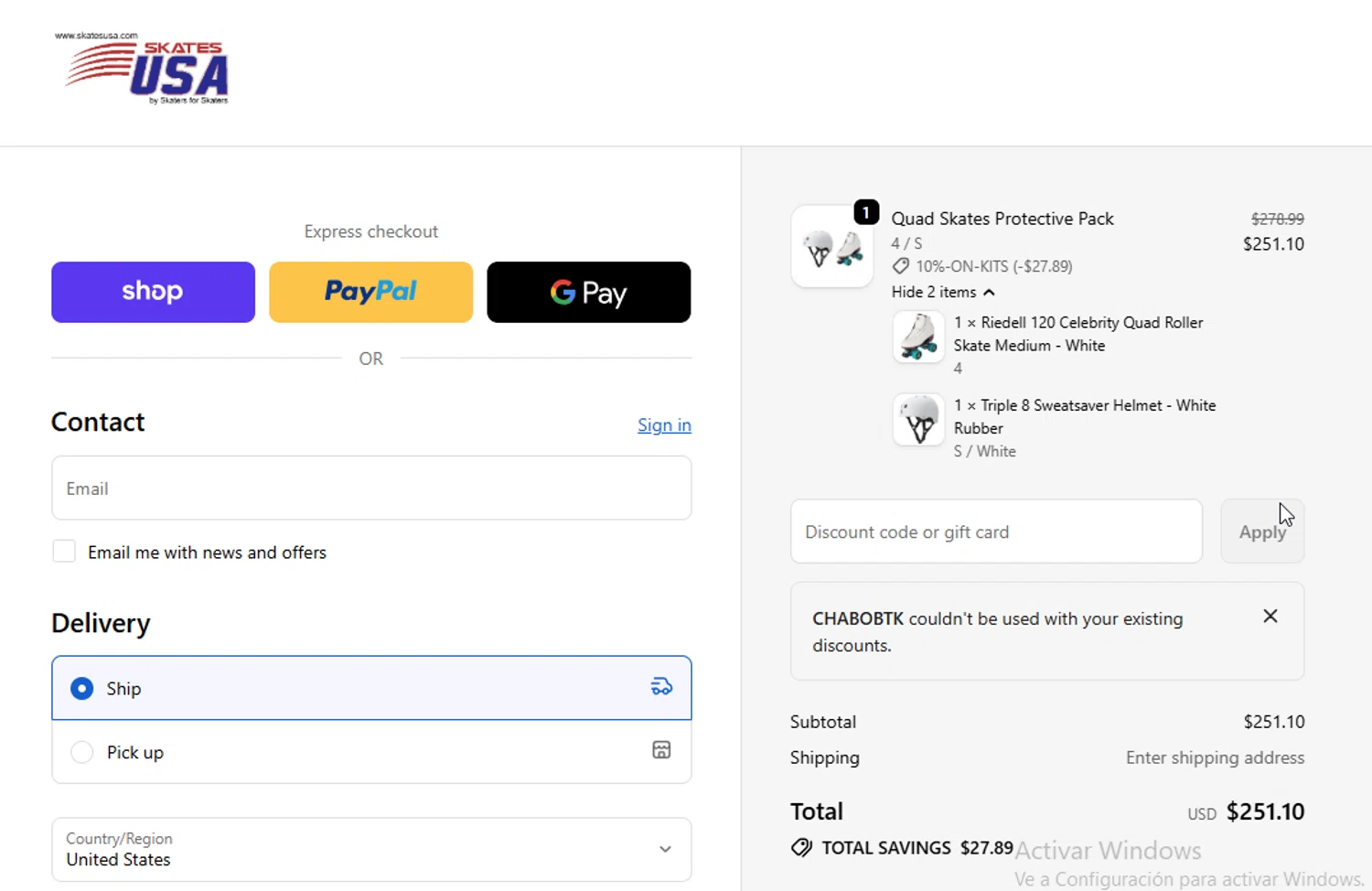 SkatesUSA discount code screenshot showing code CHABOBTK applied at SkatesUSA checkout page. Uploaded by SimplyCodes community member danyx_gx on Dec 23, 2025