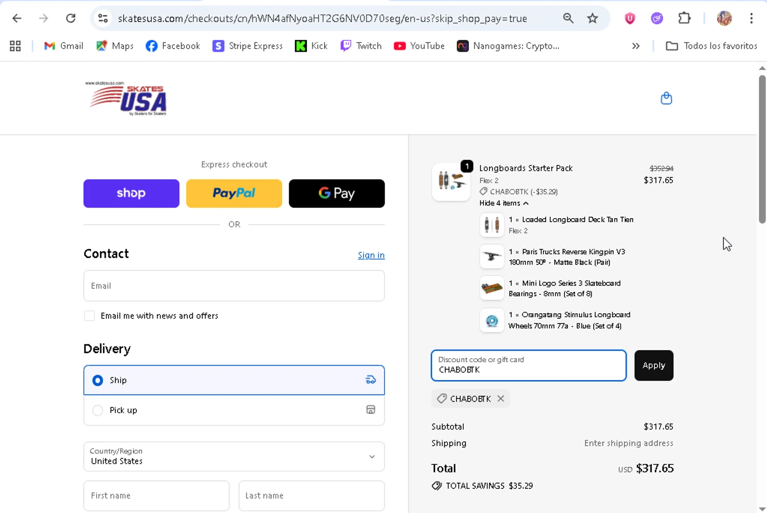 SkatesUSA discount code screenshot showing code CHABOBTK applied at SkatesUSA checkout page. Uploaded by SimplyCodes community member ronaldhernandez on Oct 27, 2025