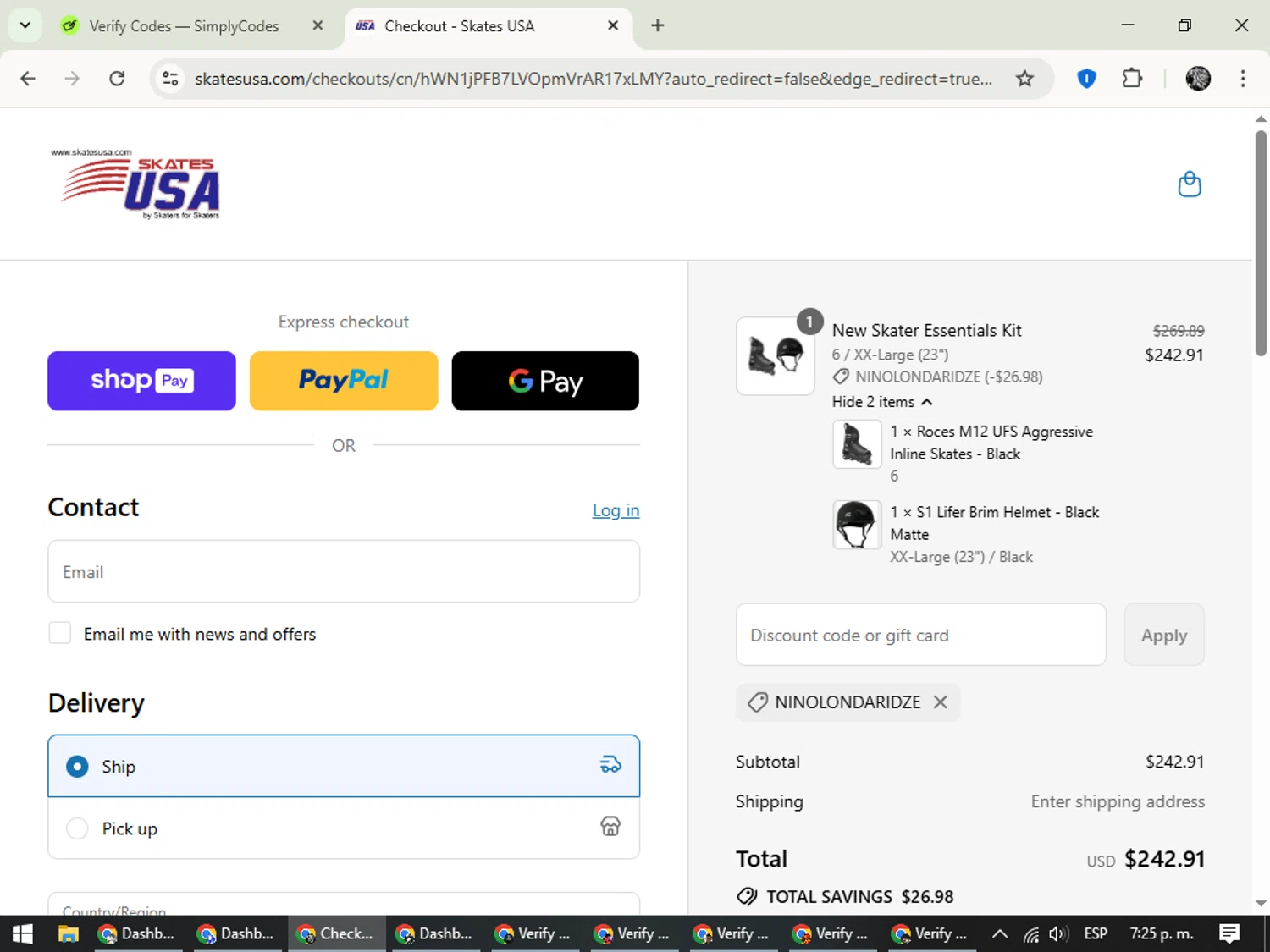 SkatesUSA discount code screenshot showing code NINOLONDARIDZE applied at SkatesUSA checkout page. Uploaded by SimplyCodes community member PrimeKnight6101 on Aug 12, 2025