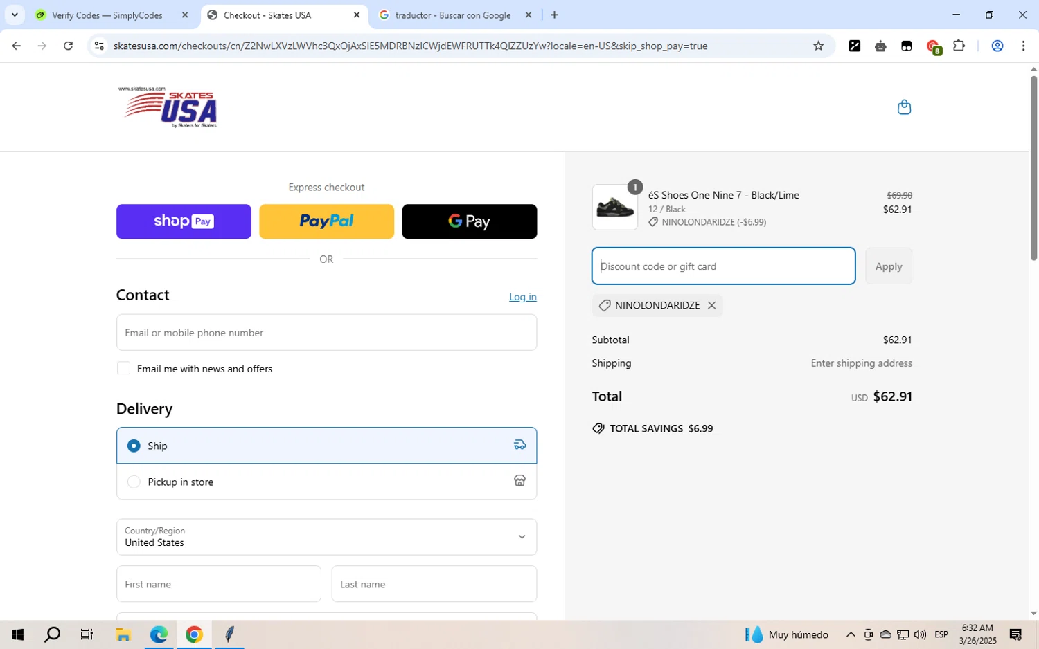 SkatesUSA discount code screenshot showing code NINOLONDARIDZE applied at SkatesUSA checkout page. Uploaded by SimplyCodes community member GloriousWizard5474 on Mar 26, 2025