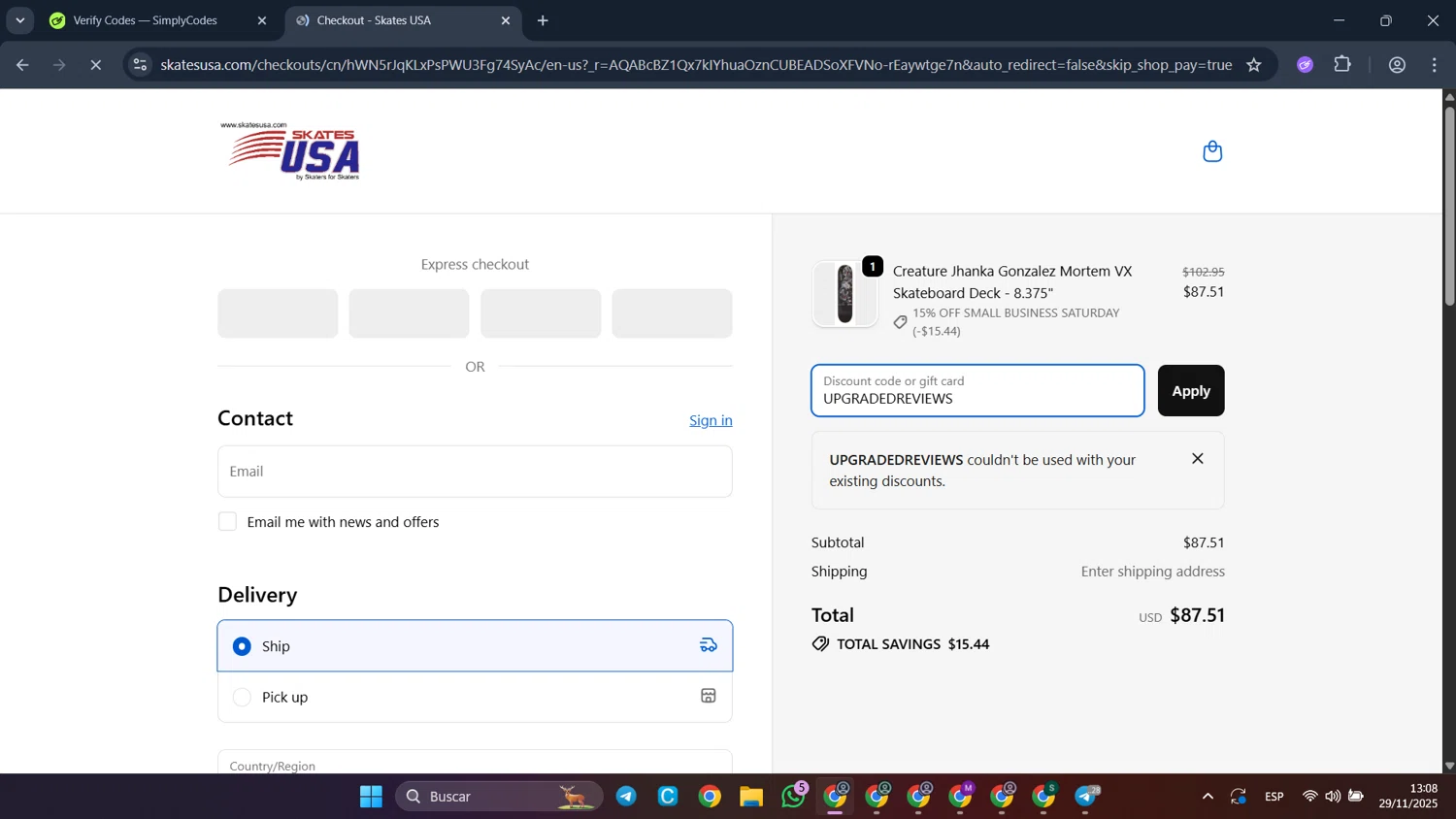 SkatesUSA discount code screenshot showing code UPGRADEDREVIEWS applied at SkatesUSA checkout page. Uploaded by SimplyCodes community member CleverFalcon6244 on Nov 29, 2025