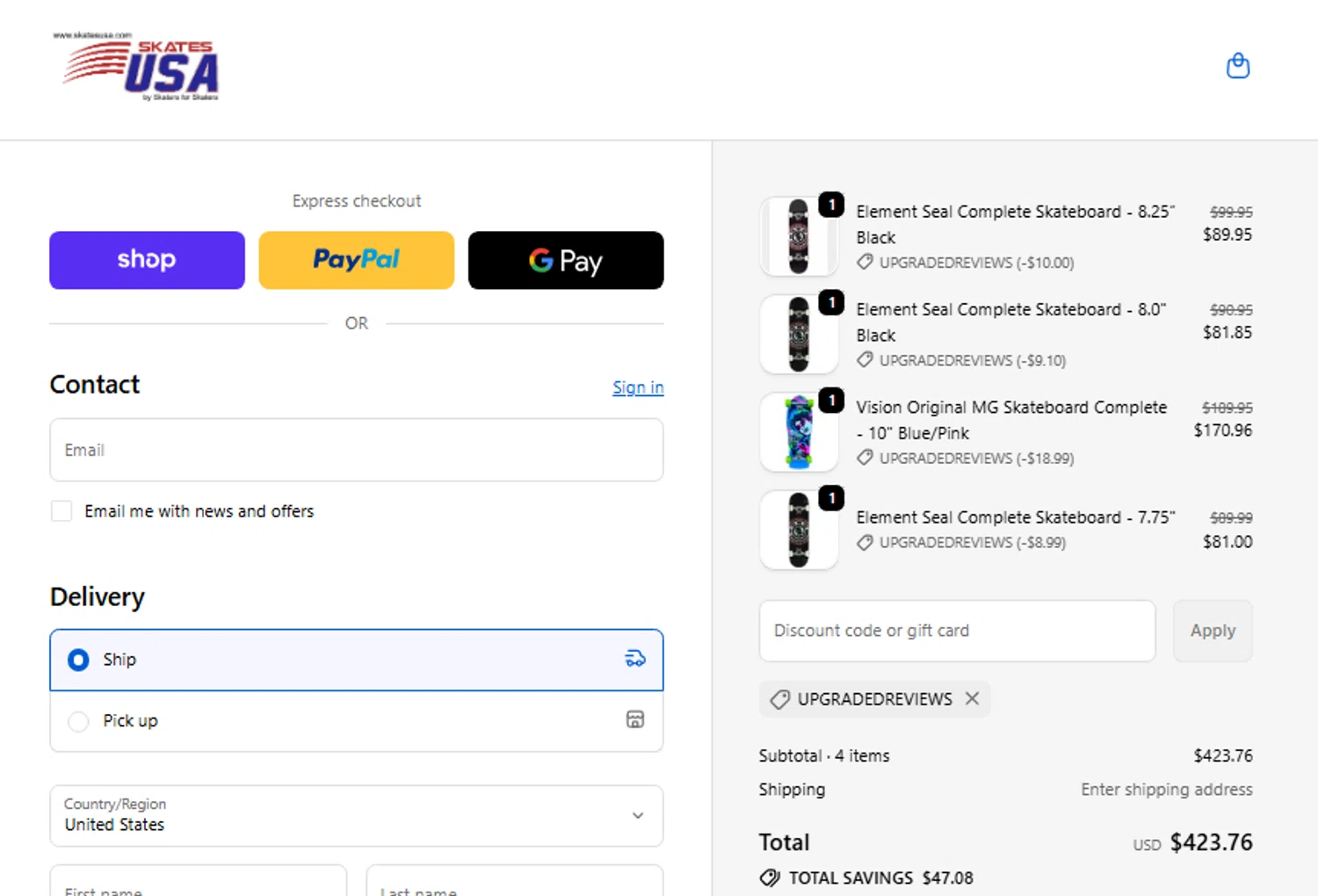 SkatesUSA discount code screenshot showing code UPGRADEDREVIEWS applied at SkatesUSA checkout page. Uploaded by SimplyCodes community member SwiftShopper8601 on Nov 24, 2025
