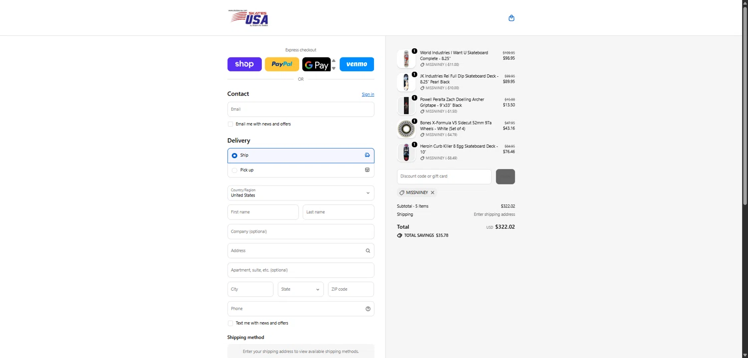 SkatesUSA discount code screenshot showing code MISSNIINEY applied at SkatesUSA checkout page. Uploaded by SimplyCodes community member CodeAce1208 on Feb 9, 2026