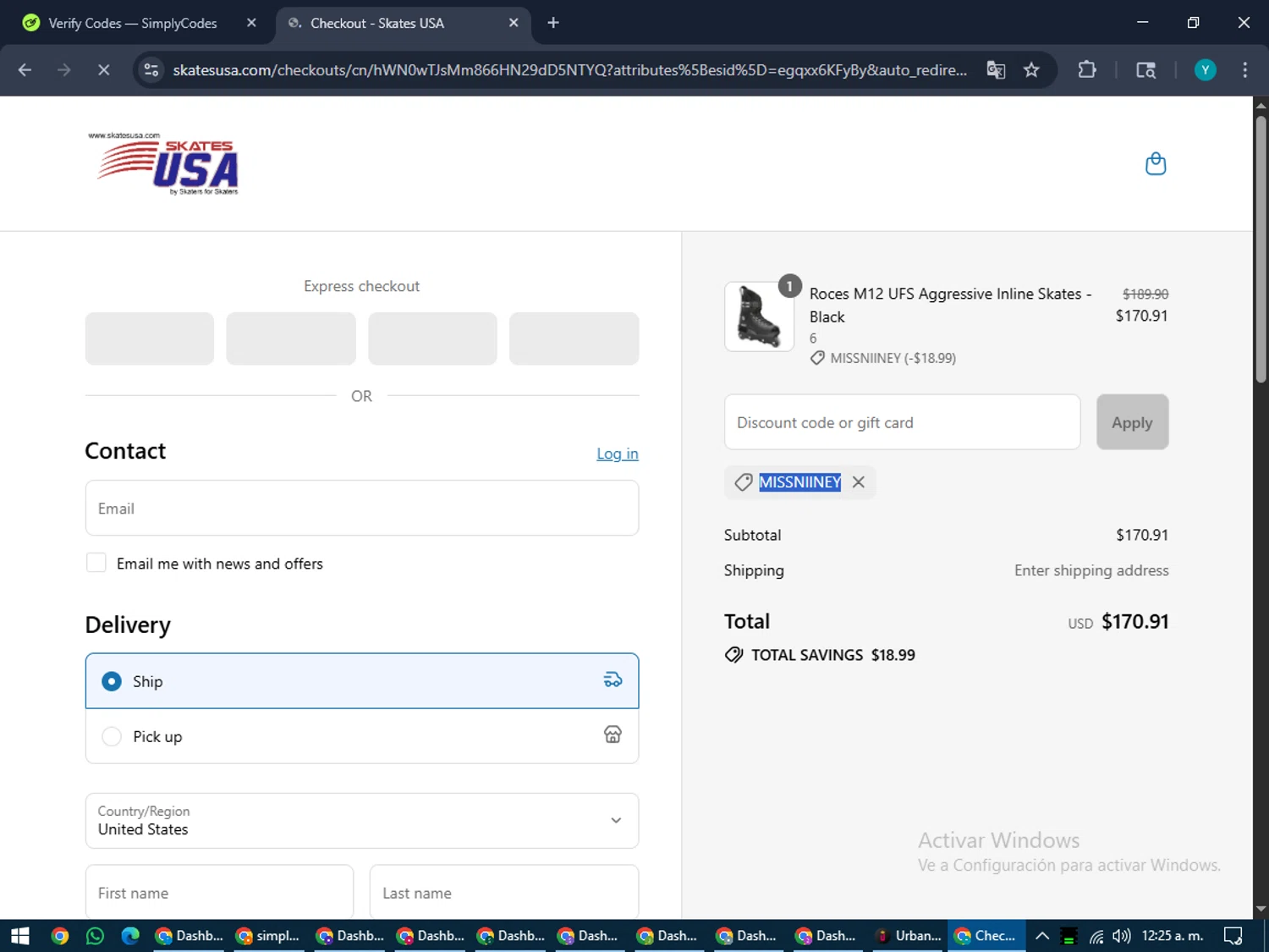 SkatesUSA discount code screenshot showing code MISSNIINEY applied at SkatesUSA checkout page. Uploaded by SimplyCodes community member RoyalEagle4794 on Jul 23, 2025