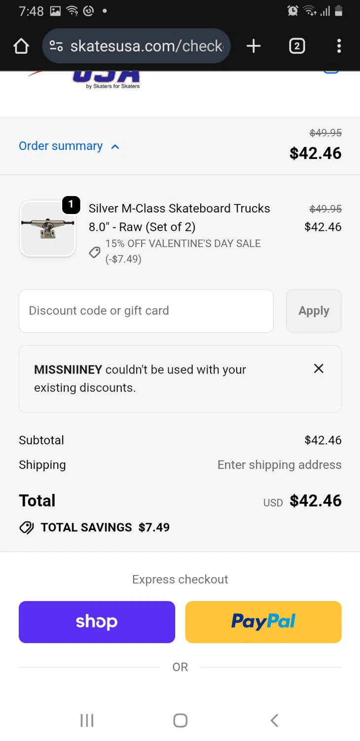 SkatesUSA discount code screenshot showing code MISSNIINEY applied at SkatesUSA checkout page. Uploaded by SimplyCodes community member billgates0997923425561 on Feb 13, 2026