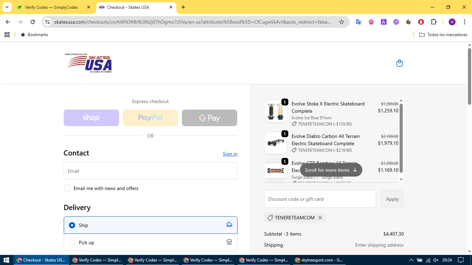 SkatesUSA discount code screenshot showing code TENERETEAMCOM applied at SkatesUSA checkout page. Uploaded by SimplyCodes community member CleverCurator2158 on Sep 24, 2025