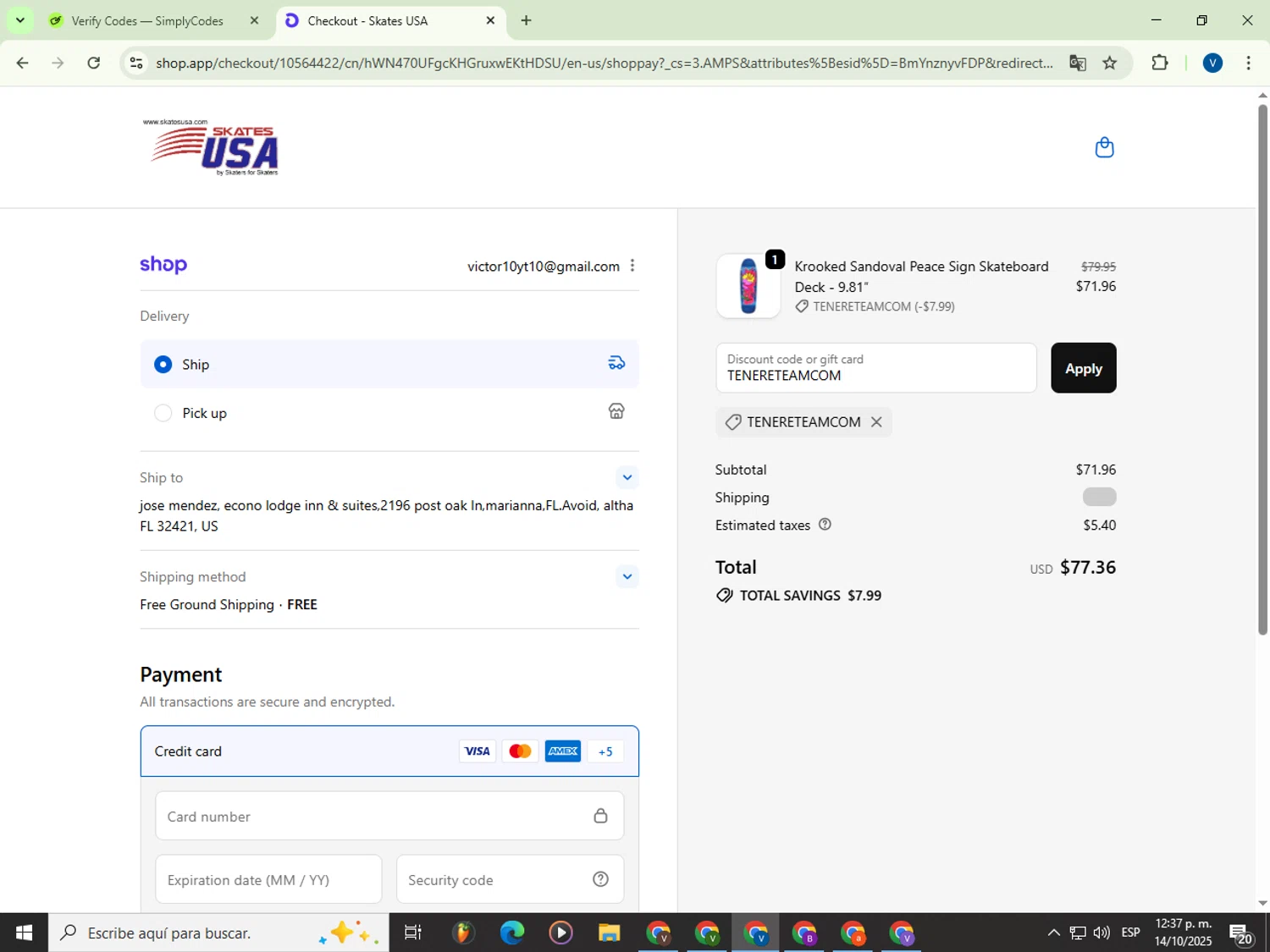 SkatesUSA discount code screenshot showing code TENERETEAMCOM applied at SkatesUSA checkout page. Uploaded by SimplyCodes community member Garou_Y2K on Oct 14, 2025