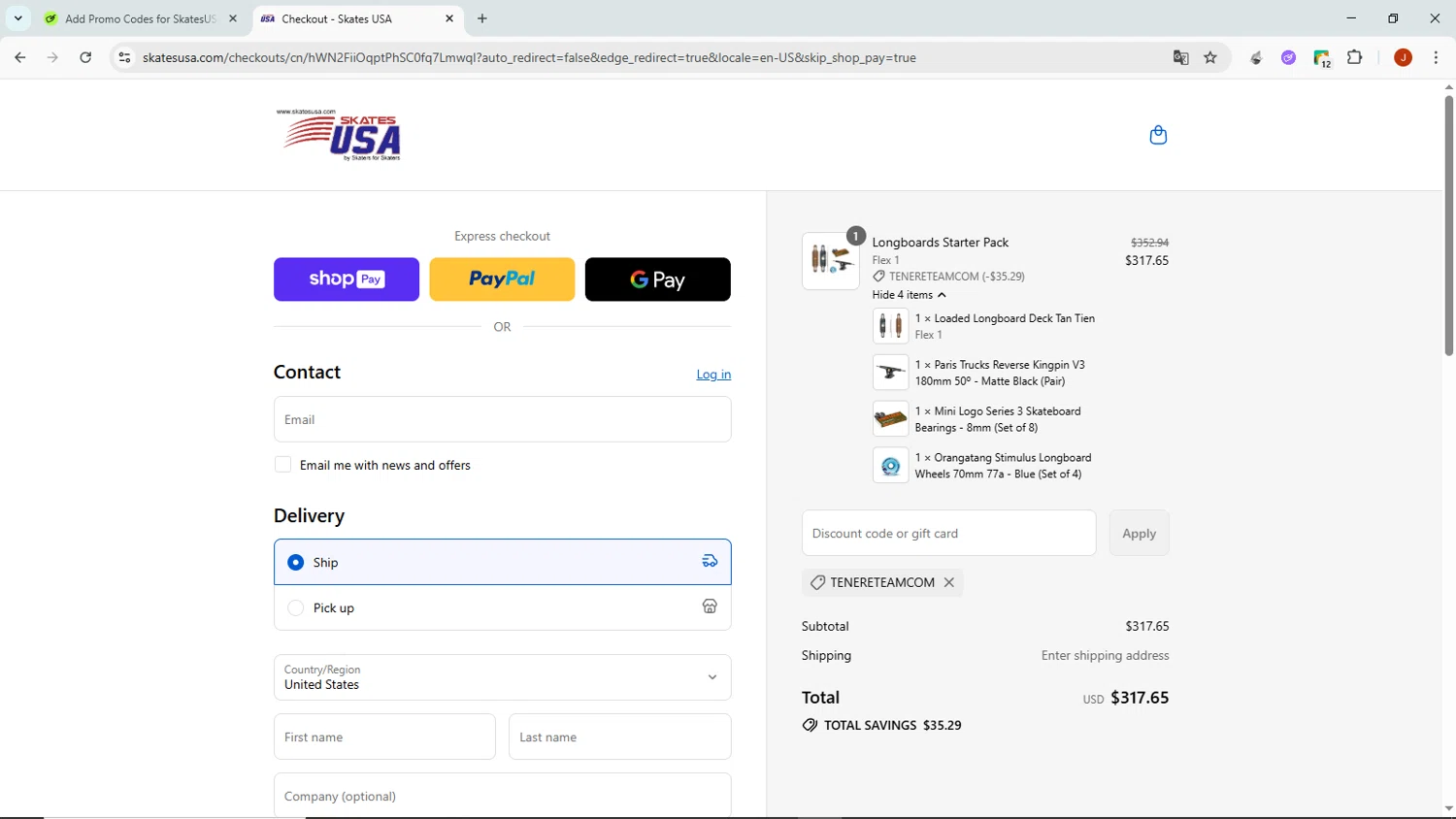 SkatesUSA discount code screenshot showing code TENERETEAMCOM applied at SkatesUSA checkout page. Uploaded by SimplyCodes community member NobleMaven802 on Aug 26, 2025