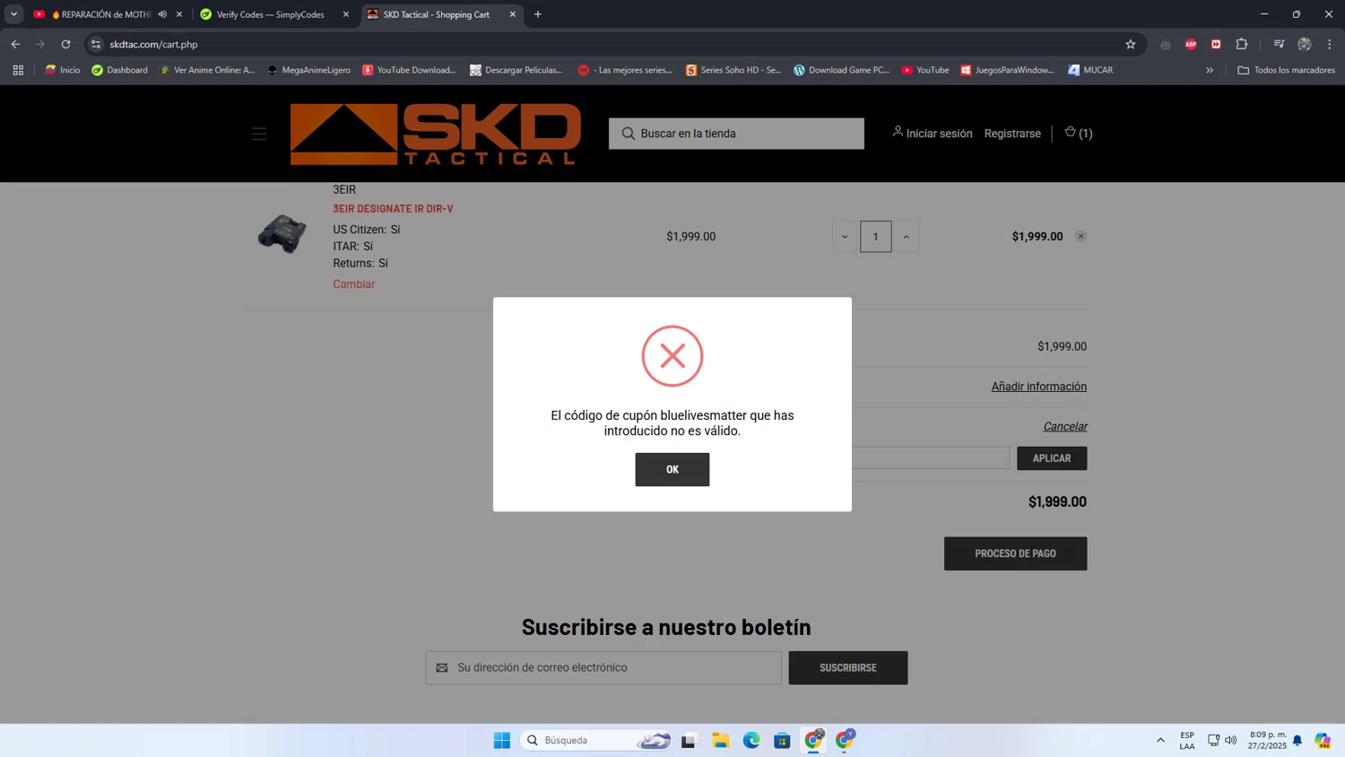 SKD Tactical promo code screenshot showing code bluelivesmatter applied at SKD Tactical checkout page. Uploaded by SimplyCodes community member LGGG2105 on Feb 28, 2025