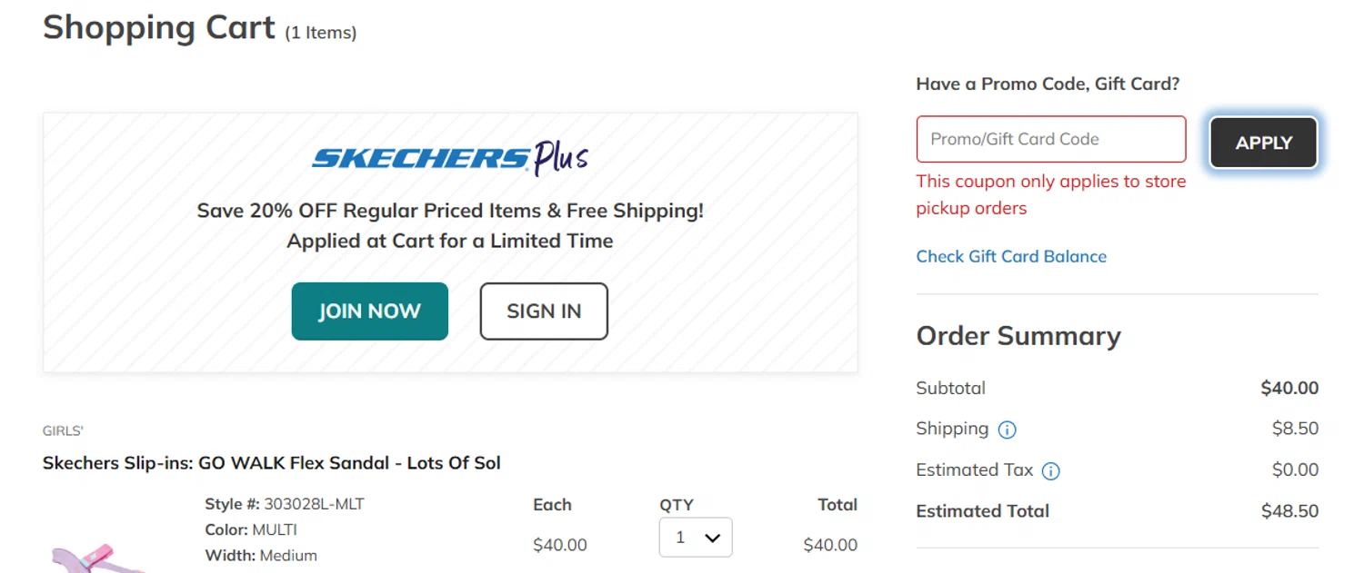 SKECHERS coupon code screenshot showing code PICKUP applied at SKECHERS checkout page. Uploaded by SimplyCodes community member SEMECOMARIO on Aug 25, 2025