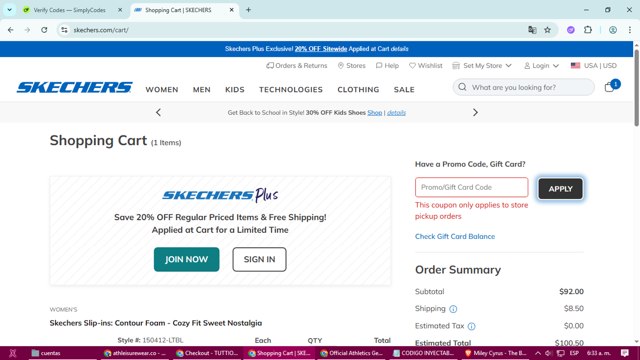 SKECHERS checkout page showing SKECHERS coupon code box | Screenshot taken by SimplyCodes community member on Aug 19, 2025
