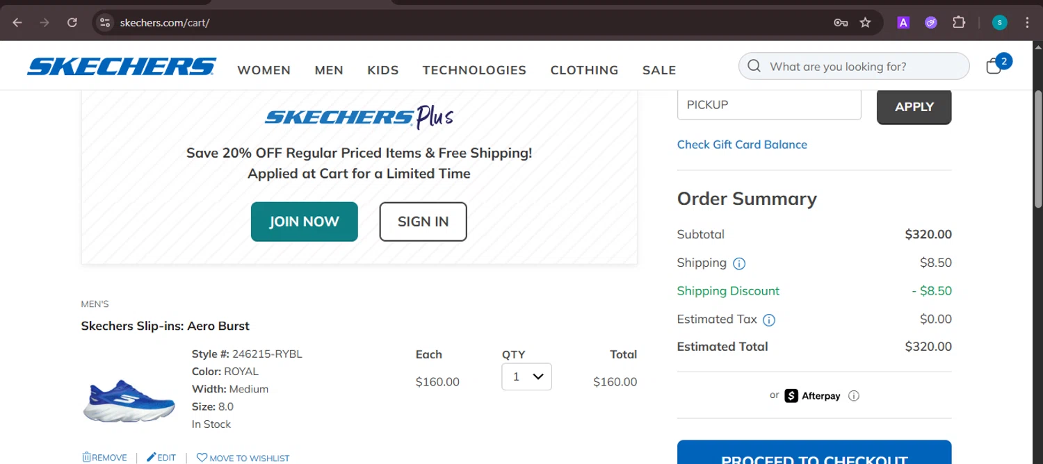 SKECHERS coupon code screenshot showing code PICKUP applied at SKECHERS checkout page. Uploaded by SimplyCodes community member ValiantChaser7723 on Aug 25, 2025