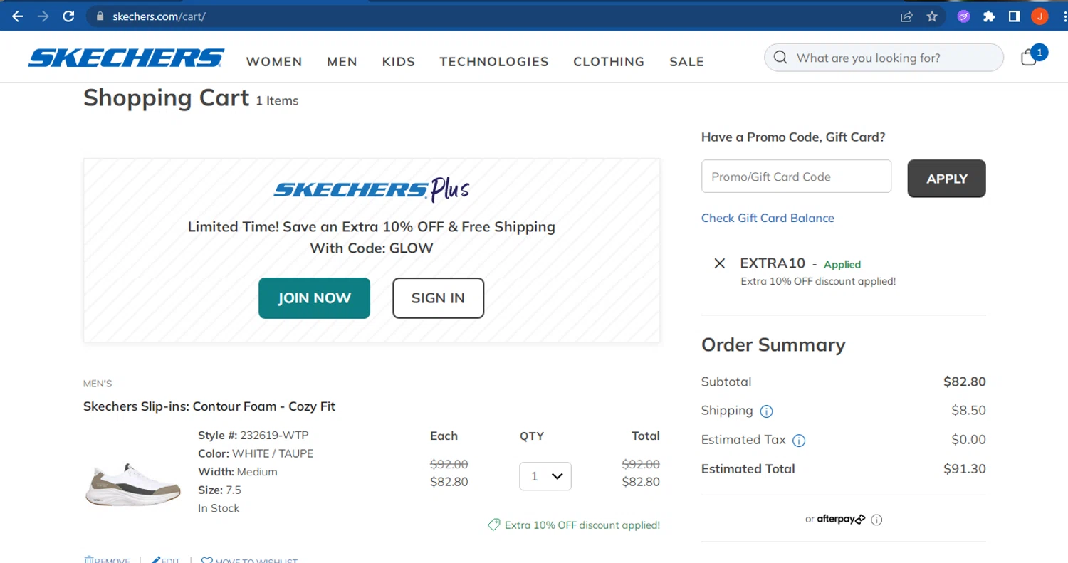 SKECHERS coupon code screenshot showing code EXTRA10 applied at SKECHERS checkout page. Uploaded by SimplyCodes community member FranquizJoel on Jul 20, 2025