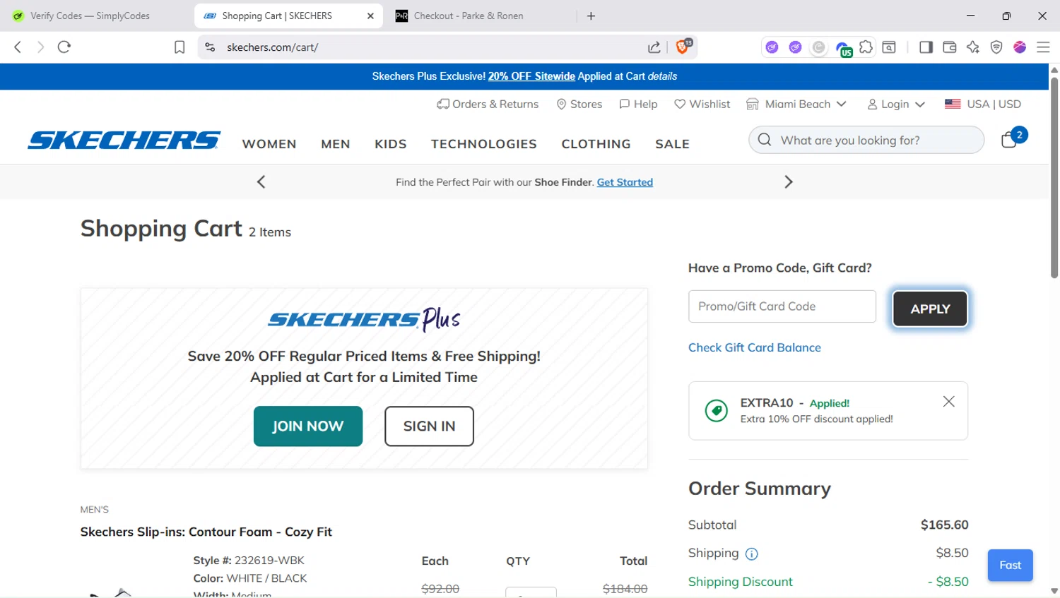 SKECHERS coupon code screenshot showing code EXTRA10 applied at SKECHERS checkout page. Uploaded by SimplyCodes community member SapeGato on Aug 25, 2025