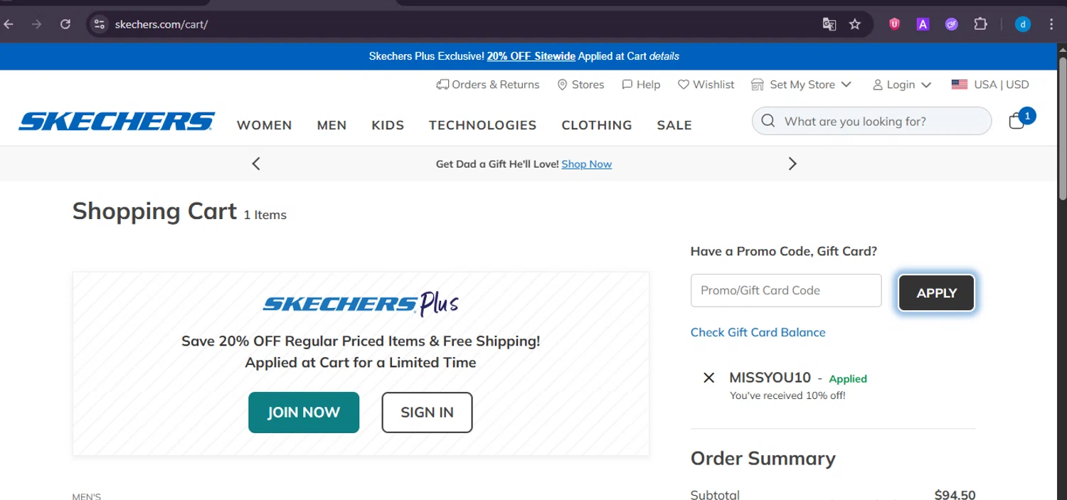SKECHERS coupon code screenshot showing code MISSYOU10 applied at SKECHERS checkout page. Uploaded by SimplyCodes community member GloriousWizard8260 on Jun 9, 2025