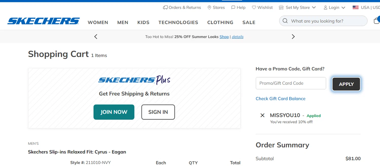 SKECHERS coupon code screenshot showing code MISSYOU10 applied at SKECHERS checkout page. Uploaded by SimplyCodes community member QueTeImporta on May 31, 2025