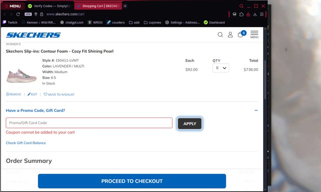 SKECHERS checkout page showing SKECHERS coupon code box | Screenshot taken by SimplyCodes community member on Aug 18, 2025