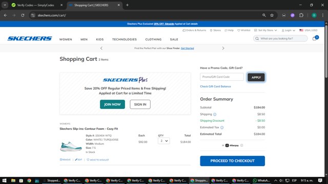 SKECHERS checkout page showing SKECHERS coupon code box | Screenshot taken by SimplyCodes community member on Aug 24, 2025