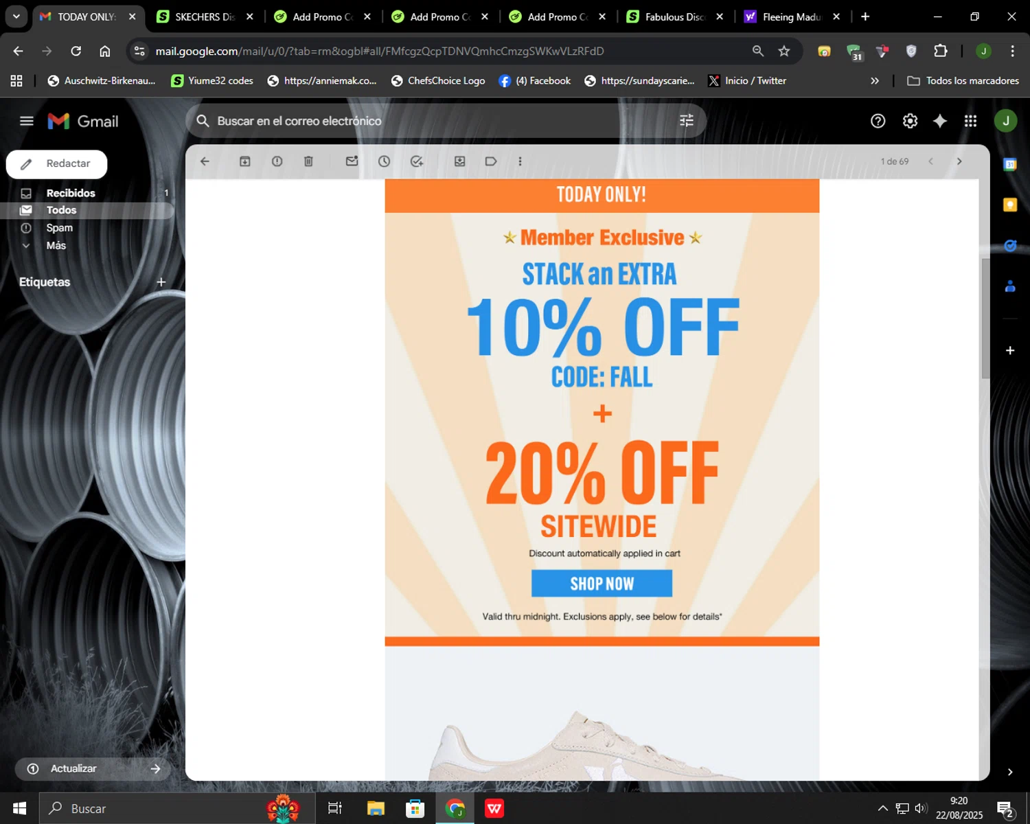 SKECHERS coupon code screenshot showing code FALL applied at SKECHERS checkout page. Uploaded by SimplyCodes community member Codehunter on Aug 22, 2025