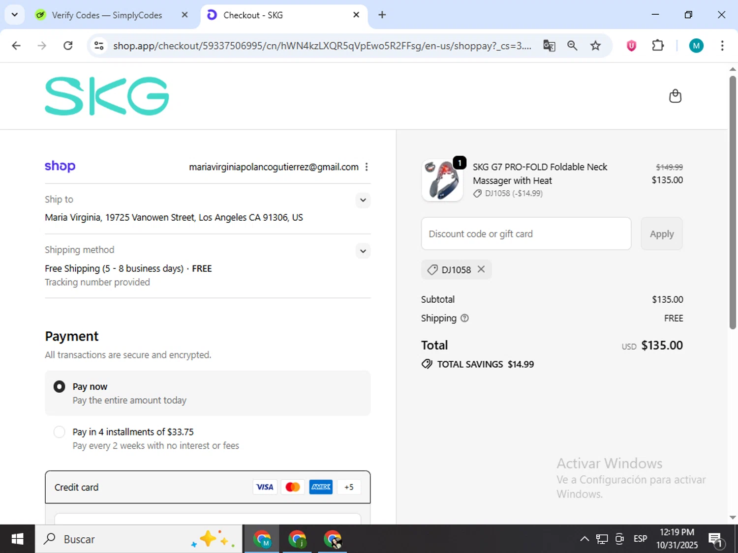SKG promo code screenshot showing code DJ1058 applied at SKG checkout page. Uploaded by SimplyCodes community member estrellaveloz on Oct 31, 2025