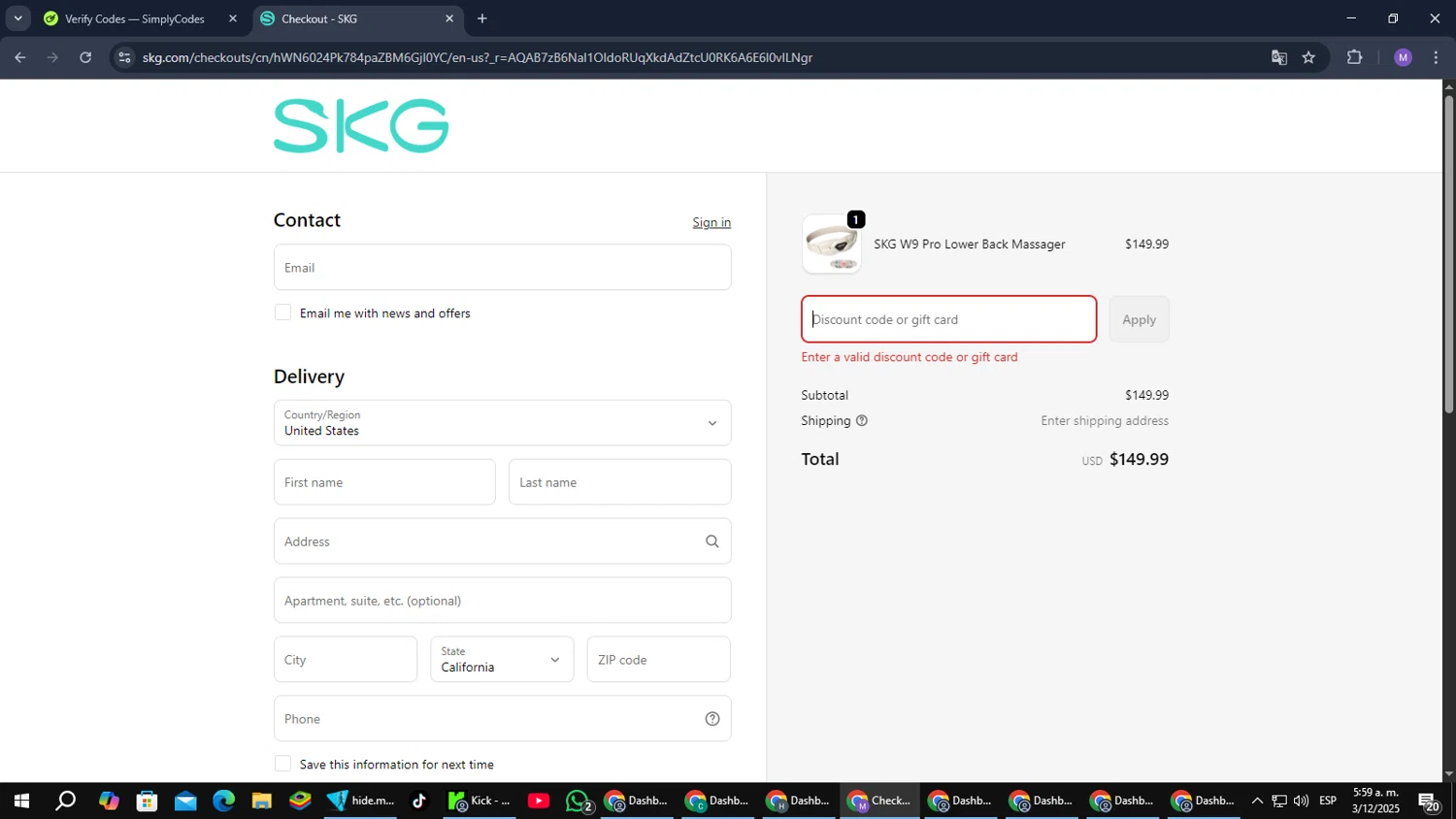 SKG promo code screenshot showing code Skgbf2025 applied at SKG checkout page. Uploaded by SimplyCodes community member CouponGuardian8137 on Dec 3, 2025