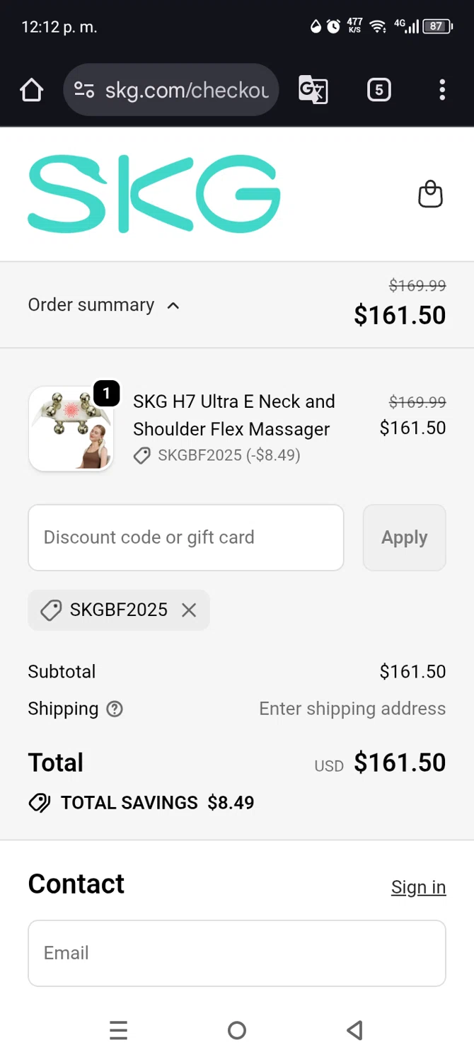 SKG promo code screenshot showing code Skgbf2025 applied at SKG checkout page. Uploaded by SimplyCodes community member Mdeoca on Nov 20, 2025