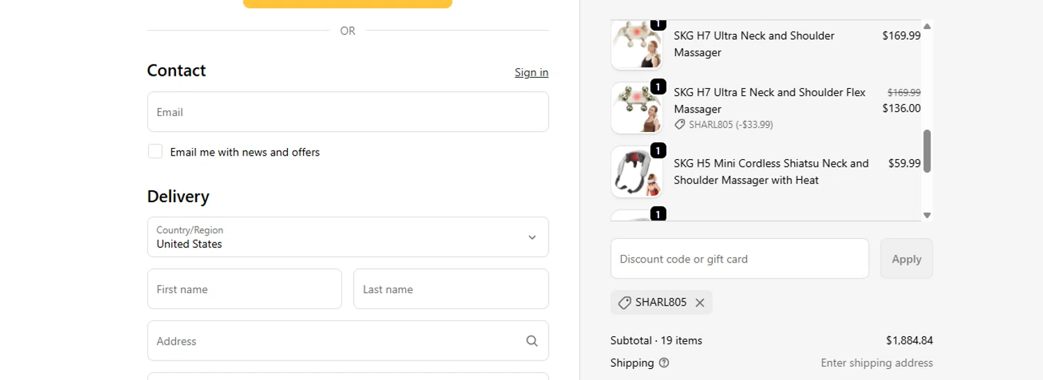 SKG promo code screenshot showing code SHARL805 applied at SKG checkout page. Uploaded by SimplyCodes community member ashe1986 on Oct 3, 2025