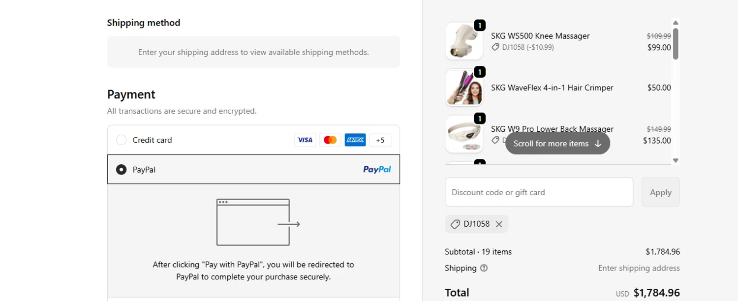 SKG promo code screenshot showing code DJ1058 applied at SKG checkout page. Uploaded by SimplyCodes community member ashe1986 on Oct 31, 2025