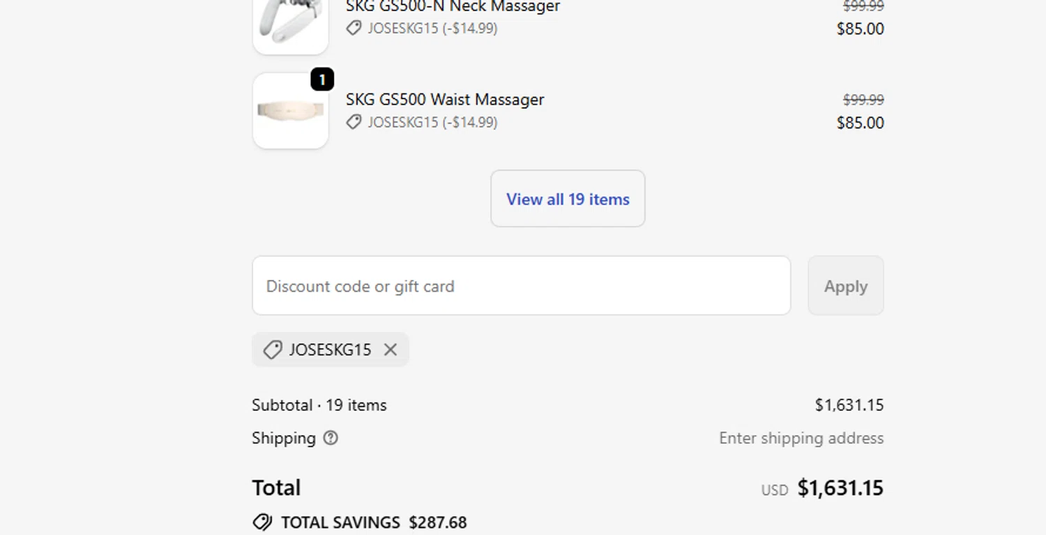 SKG promo code screenshot showing code JoseSKG15 applied at SKG checkout page. Uploaded by SimplyCodes community member ashe1986 on Oct 31, 2025