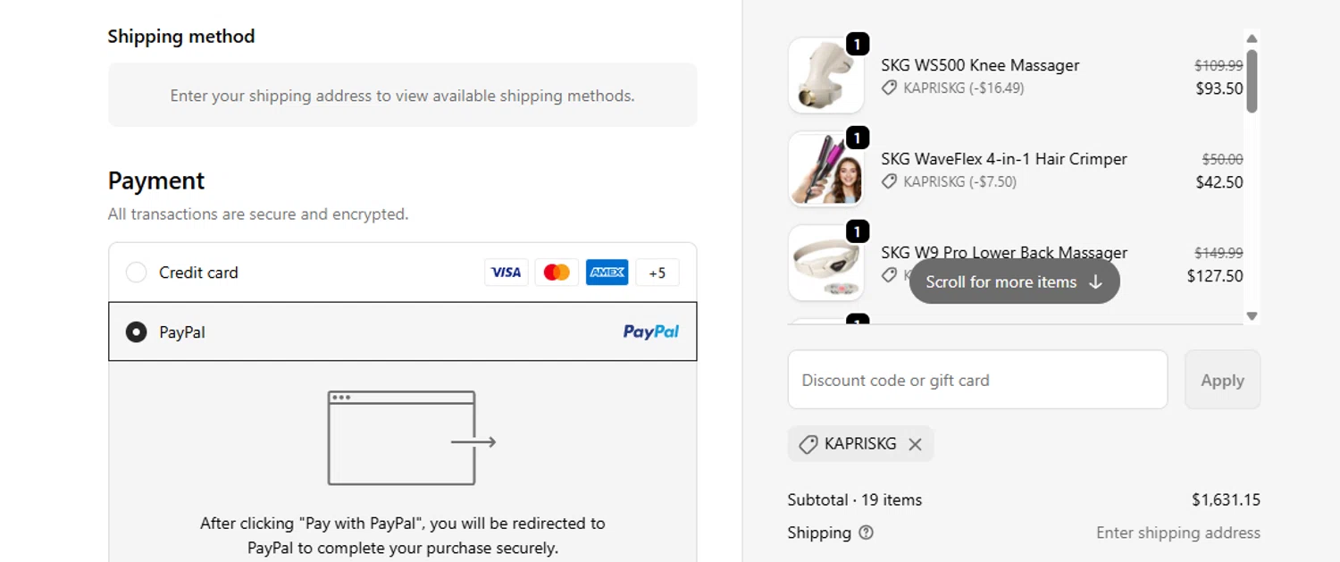 SKG promo code screenshot showing code KAPRISKG applied at SKG checkout page. Uploaded by SimplyCodes community member ashe1986 on Oct 31, 2025