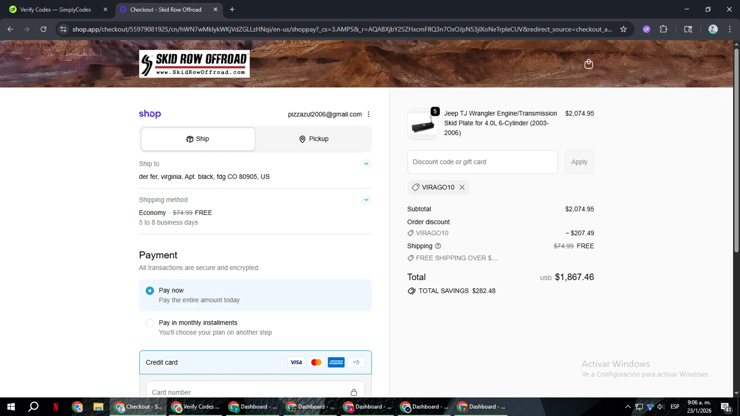 Skid Row Offroad promo code screenshot showing code VIRAGO10 applied at Skid Row Offroad checkout page. Uploaded by SimplyCodes community member ShrewdSeeker6165 on Jan 23, 2026