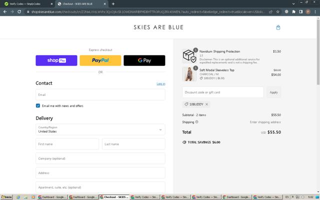 Skies Are Blue checkout page showing Skies Are Blue discount code box | Screenshot taken by SimplyCodes community member on Feb 22, 2025