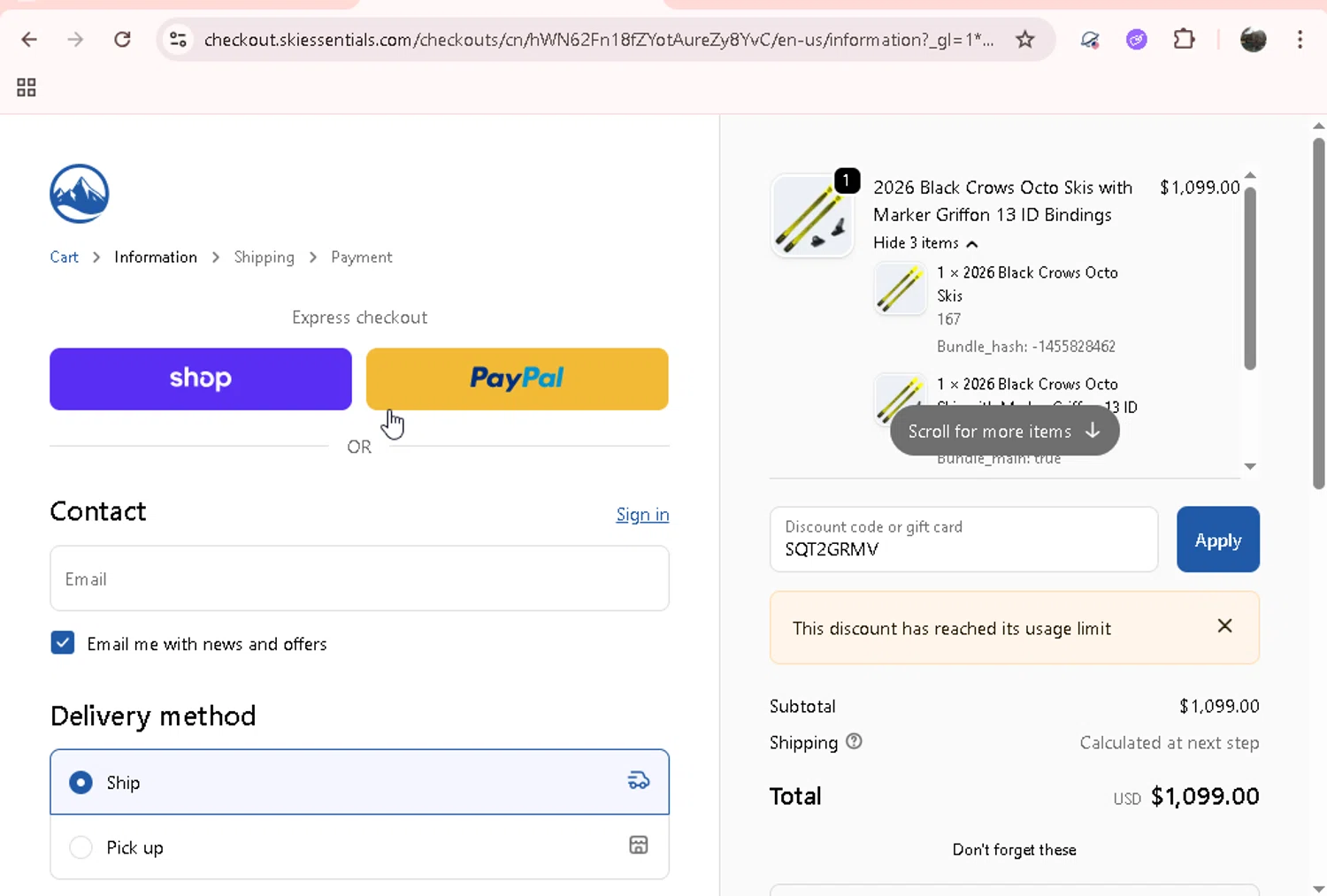Skiessentials.com discount code screenshot showing code SQT2GRMV applied at Skiessentials.com checkout page. Uploaded by SimplyCodes community member Jesusvasquezzz on Dec 4, 2025