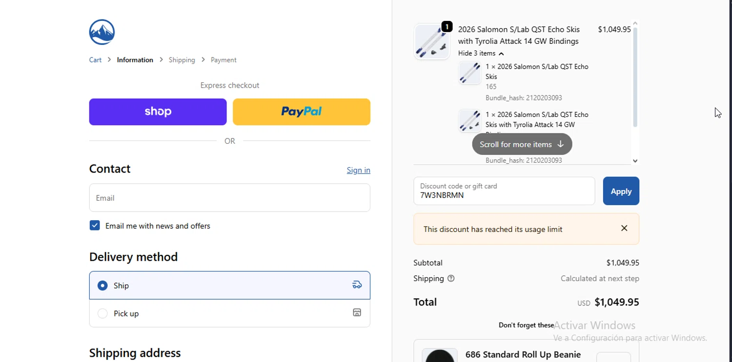 Skiessentials.com discount code screenshot showing code 7W3NBRMN applied at Skiessentials.com checkout page. Uploaded by SimplyCodes community member CodeEagle1166 on Dec 4, 2025